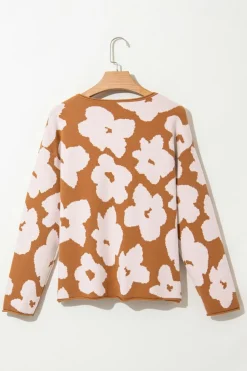 Fashion Dear-Lover Floral Pattern Crew Neck Long Sleeve Loose Sweater Brown