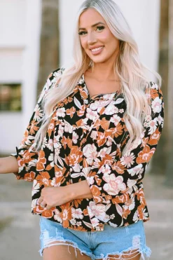 Discount Dear-Lover Floral Print 3/4 Sleeve Babydoll Blouse Brown