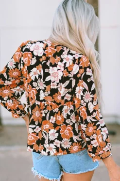 Discount Dear-Lover Floral Print 3/4 Sleeve Babydoll Blouse Brown