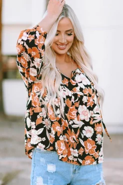 Discount Dear-Lover Floral Print 3/4 Sleeve Babydoll Blouse Brown