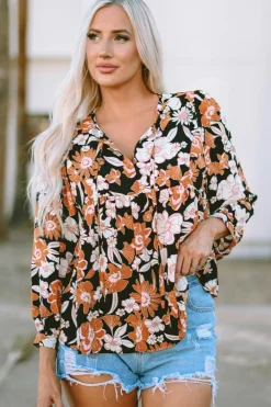 Discount Dear-Lover Floral Print 3/4 Sleeve Babydoll Blouse Brown