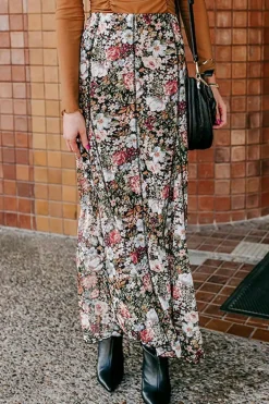 Fashion Dear-Lover Floral Print High Waist Maxi Skirt Brown
