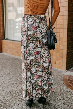 Fashion Dear-Lover Floral Print High Waist Maxi Skirt Brown