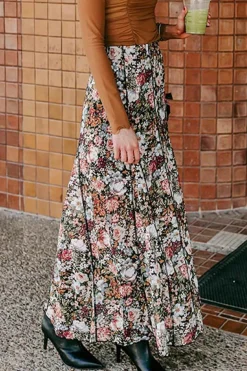 Fashion Dear-Lover Floral Print High Waist Maxi Skirt Brown