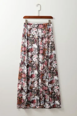 Fashion Dear-Lover Floral Print High Waist Maxi Skirt Brown
