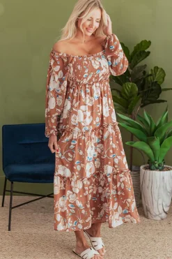 Clearance Dear-Lover Floral Print Shirred Square Neck High Waist Maxi Dress Brown