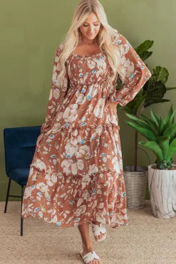 Clearance Dear-Lover Floral Print Shirred Square Neck High Waist Maxi Dress Brown