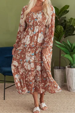 Clearance Dear-Lover Floral Print Shirred Square Neck High Waist Maxi Dress Brown