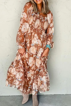 Clearance Dear-Lover Floral Print Shirred Square Neck High Waist Maxi Dress Brown