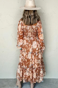 Clearance Dear-Lover Floral Print Shirred Square Neck High Waist Maxi Dress Brown