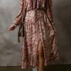Best Dear-Lover Floral Print Split Front Tiered Frilled V Neck Midi Dress Brown