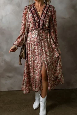 Best Dear-Lover Floral Print Split Front Tiered Frilled V Neck Midi Dress Brown