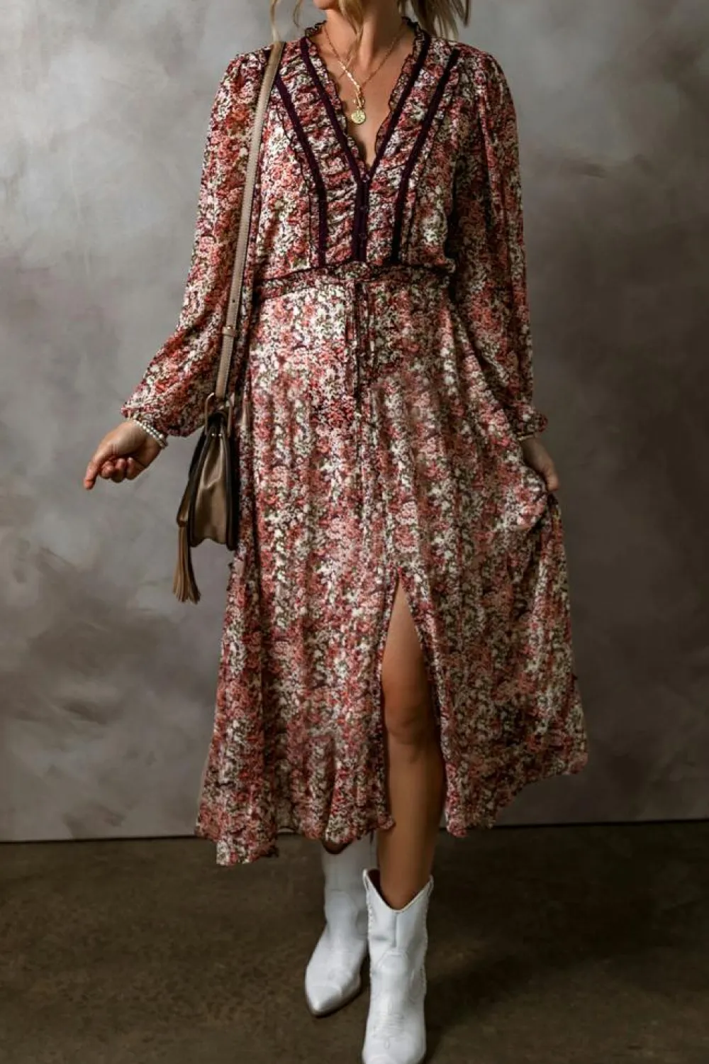 Best Dear-Lover Floral Print Split Front Tiered Frilled V Neck Midi Dress Brown