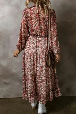 Best Dear-Lover Floral Print Split Front Tiered Frilled V Neck Midi Dress Brown