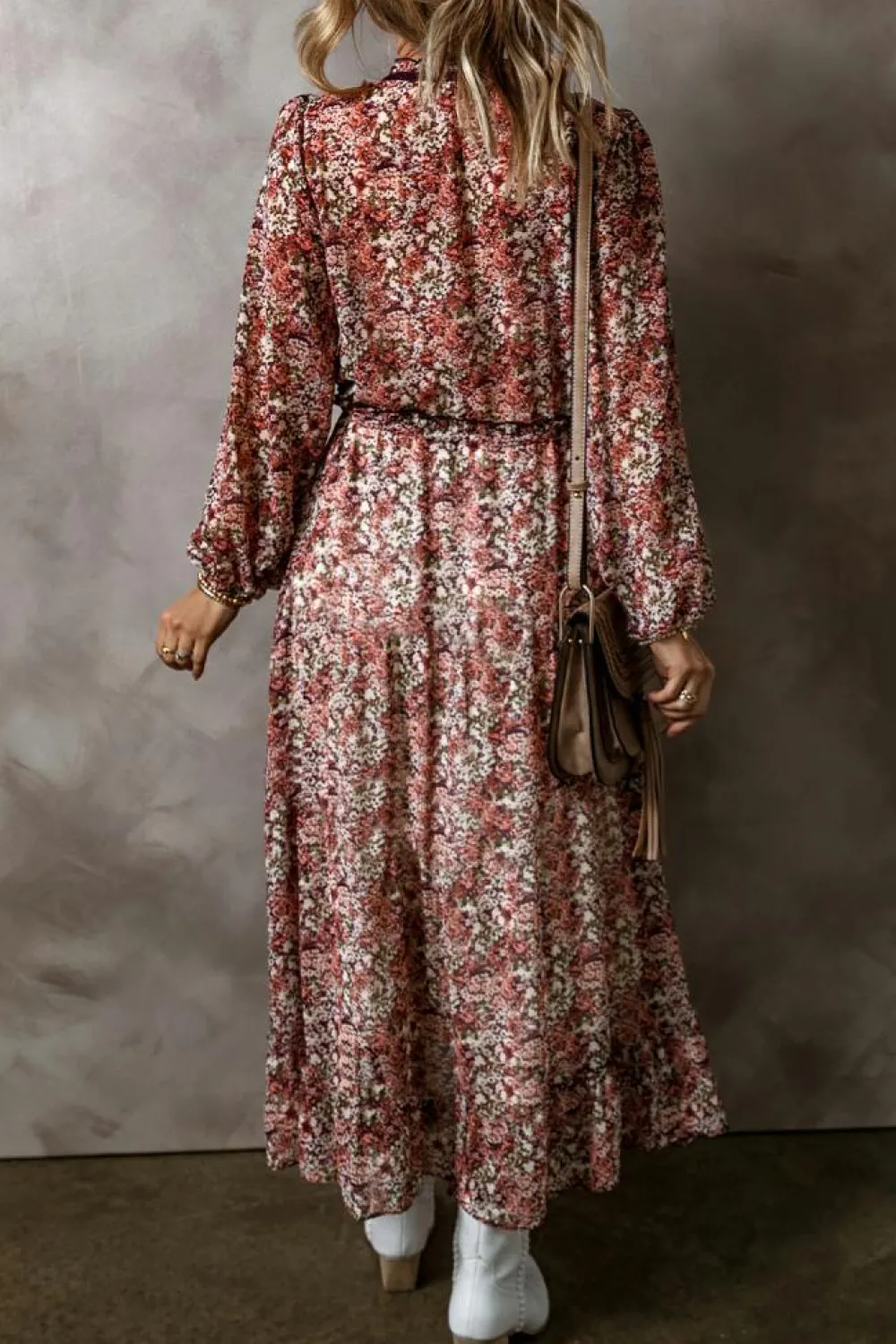 Best Dear-Lover Floral Print Split Front Tiered Frilled V Neck Midi Dress Brown