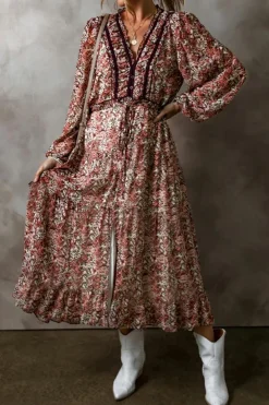 Best Dear-Lover Floral Print Split Front Tiered Frilled V Neck Midi Dress Brown