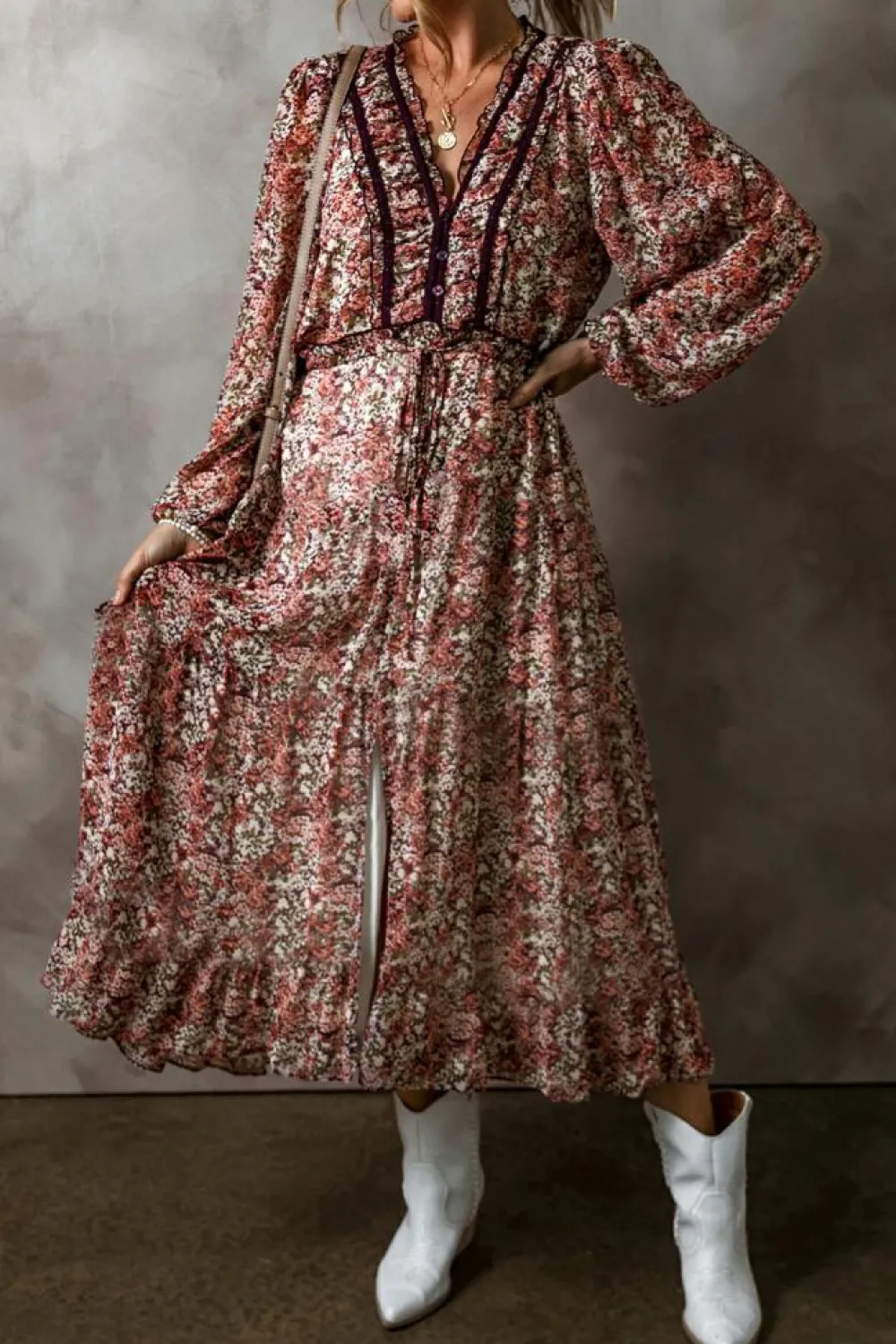Best Dear-Lover Floral Print Split Front Tiered Frilled V Neck Midi Dress Brown