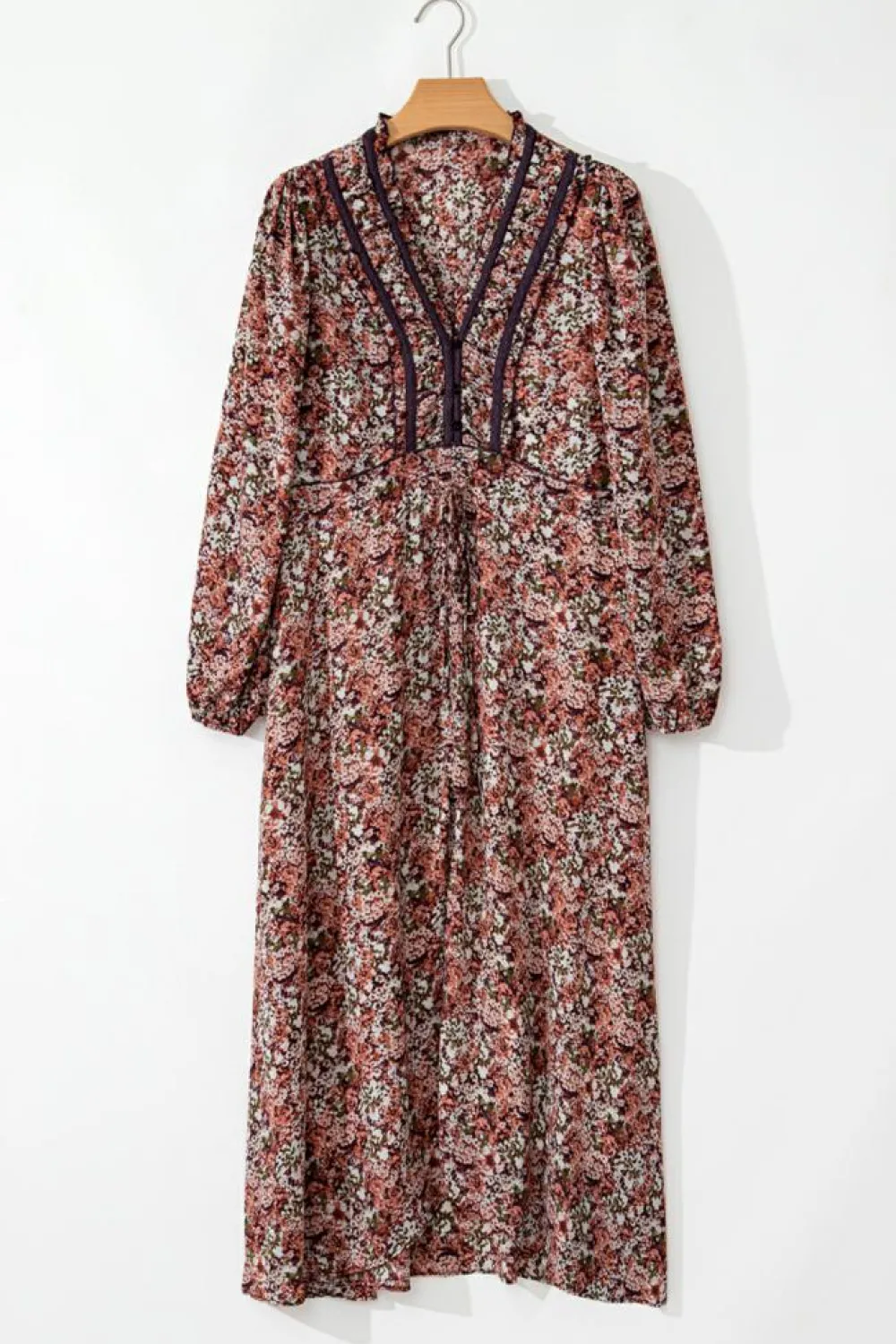 Best Dear-Lover Floral Print Split Front Tiered Frilled V Neck Midi Dress Brown