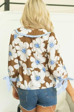 New Dear-Lover Floral Print Striped Tie Sleeve Collared V Neck Blouse Brown