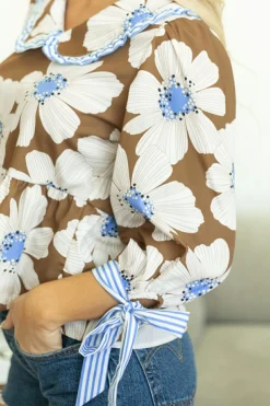 New Dear-Lover Floral Print Striped Tie Sleeve Collared V Neck Blouse Brown