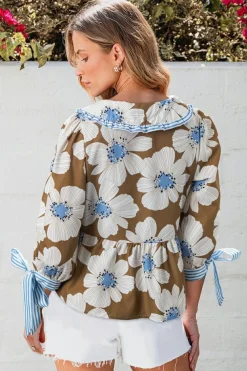 New Dear-Lover Floral Print Striped Tie Sleeve Collared V Neck Blouse Brown