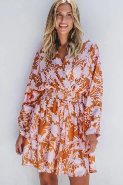 Clearance Dear-Lover Floral Puff Sleeve Smocked Waist Layered Dress Brown