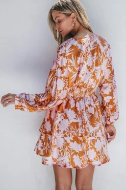 Clearance Dear-Lover Floral Puff Sleeve Smocked Waist Layered Dress Brown