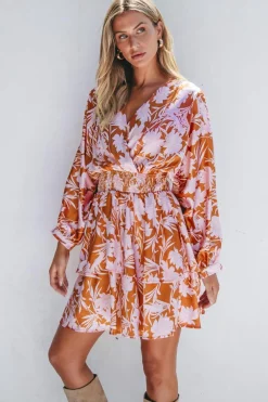Clearance Dear-Lover Floral Puff Sleeve Smocked Waist Layered Dress Brown