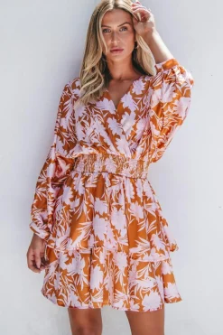 Clearance Dear-Lover Floral Puff Sleeve Smocked Waist Layered Dress Brown