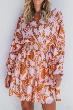 Clearance Dear-Lover Floral Puff Sleeve Smocked Waist Layered Dress Brown