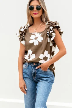 Clearance Dear-Lover Floral Textured Ruffled Short Sleeve Square Neck Blouse Brown