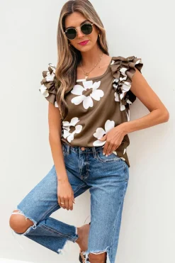 Clearance Dear-Lover Floral Textured Ruffled Short Sleeve Square Neck Blouse Brown