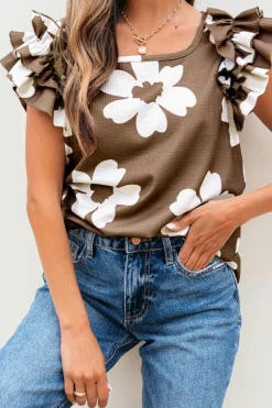 Clearance Dear-Lover Floral Textured Ruffled Short Sleeve Square Neck Blouse Brown