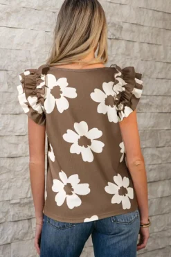 Clearance Dear-Lover Floral Textured Ruffled Short Sleeve Square Neck Blouse Brown