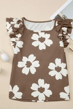 Clearance Dear-Lover Floral Textured Ruffled Short Sleeve Square Neck Blouse Brown