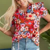 Outlet Dear-Lover Flower Print Self Tie Frilled Collar Puff Sleeve Blouse Brown