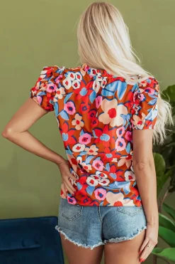 Outlet Dear-Lover Flower Print Self Tie Frilled Collar Puff Sleeve Blouse Brown