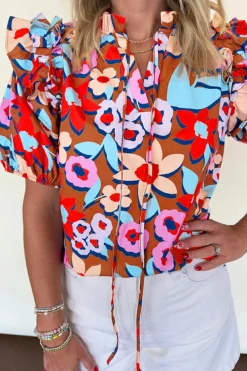Outlet Dear-Lover Flower Print Self Tie Frilled Collar Puff Sleeve Blouse Brown