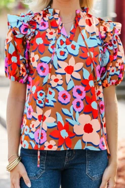 Outlet Dear-Lover Flower Print Self Tie Frilled Collar Puff Sleeve Blouse Brown