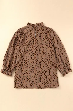 Clearance Dear-Lover Frilled Neck 3/4 Sleeves Cheetah Blouse Brown
