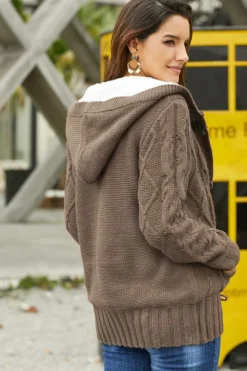 Best Dear-Lover Brown Fur Hood Horn Button Sweater Cardigan Khaki