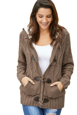 Best Dear-Lover Brown Fur Hood Horn Button Sweater Cardigan Khaki