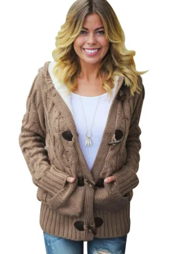Best Dear-Lover Brown Fur Hood Horn Button Sweater Cardigan Khaki