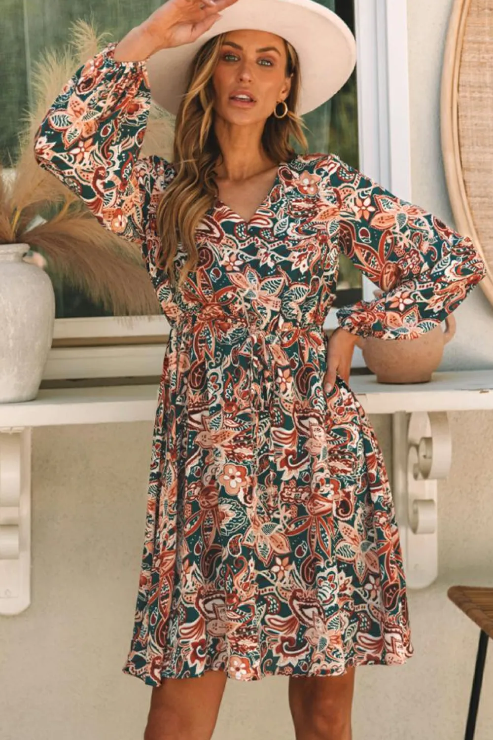 Sale Dear-Lover Geometric Print Long Sleeve Surplice Flowy Dress Brown