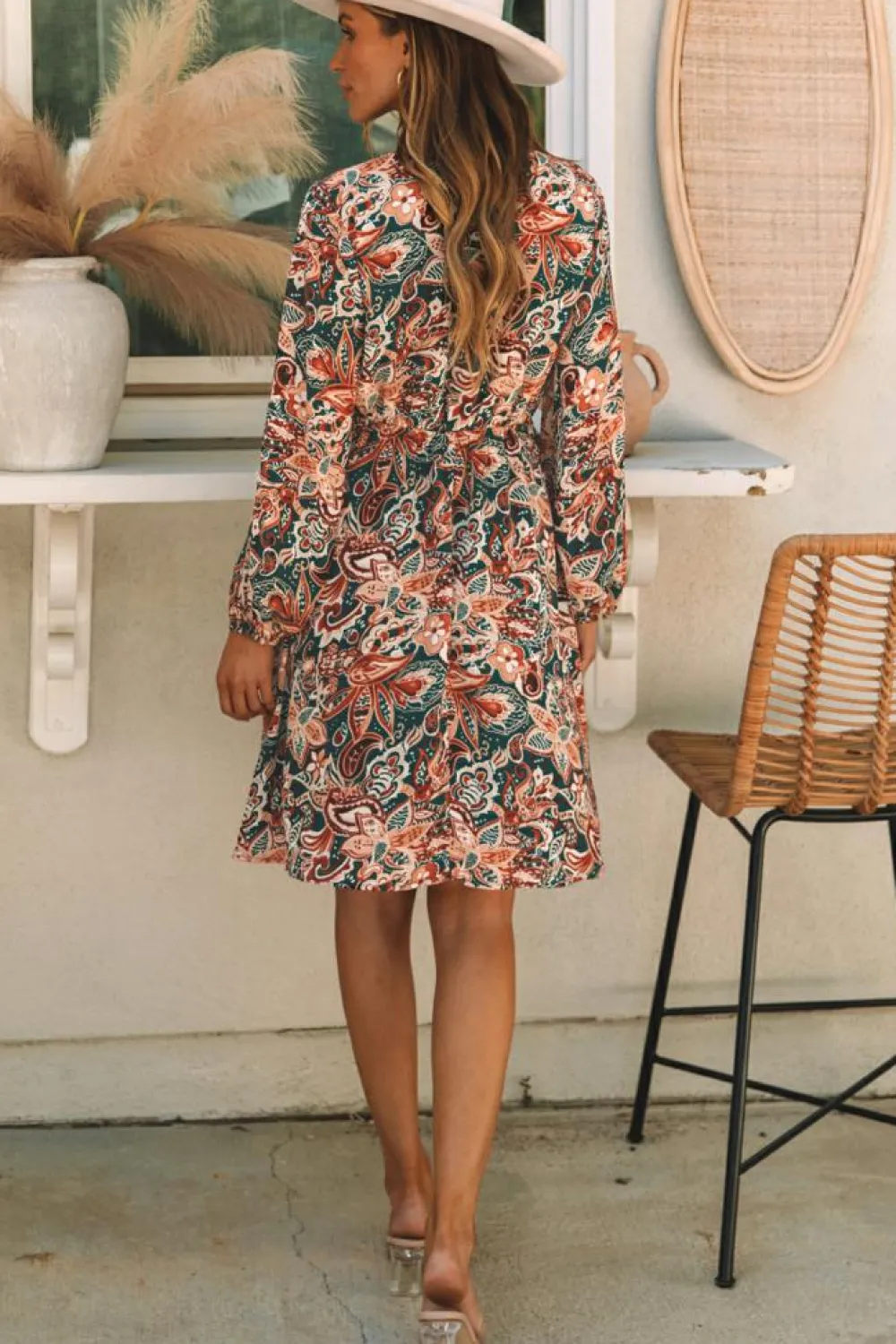 Sale Dear-Lover Geometric Print Long Sleeve Surplice Flowy Dress Brown
