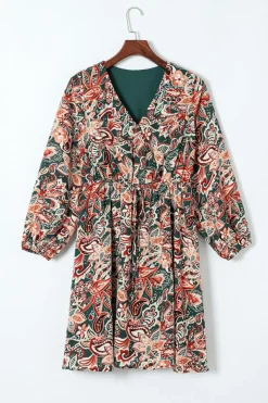 Sale Dear-Lover Geometric Print Long Sleeve Surplice Flowy Dress Brown