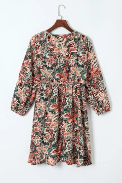 Sale Dear-Lover Geometric Print Long Sleeve Surplice Flowy Dress Brown