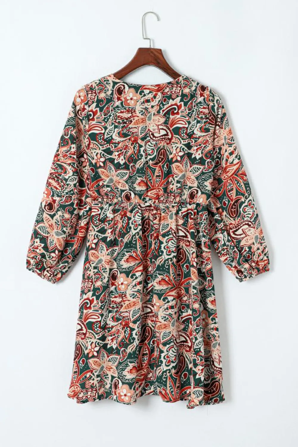 Sale Dear-Lover Geometric Print Long Sleeve Surplice Flowy Dress Brown