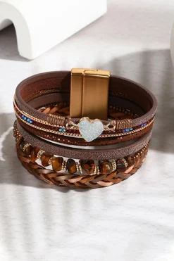 Fashion Dear-Lover Glittering Heart Accent Multi-layer Vintage PU Bracelet Brown