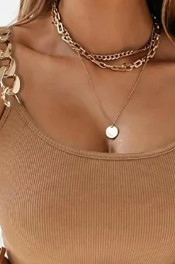 Fashion Dear-Lover Gold Chain Straps Rib Knit Tank Top Brown